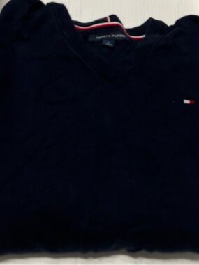 Tommy Hilfiger Dark Navy V-Neck Sweater with Signature Flag